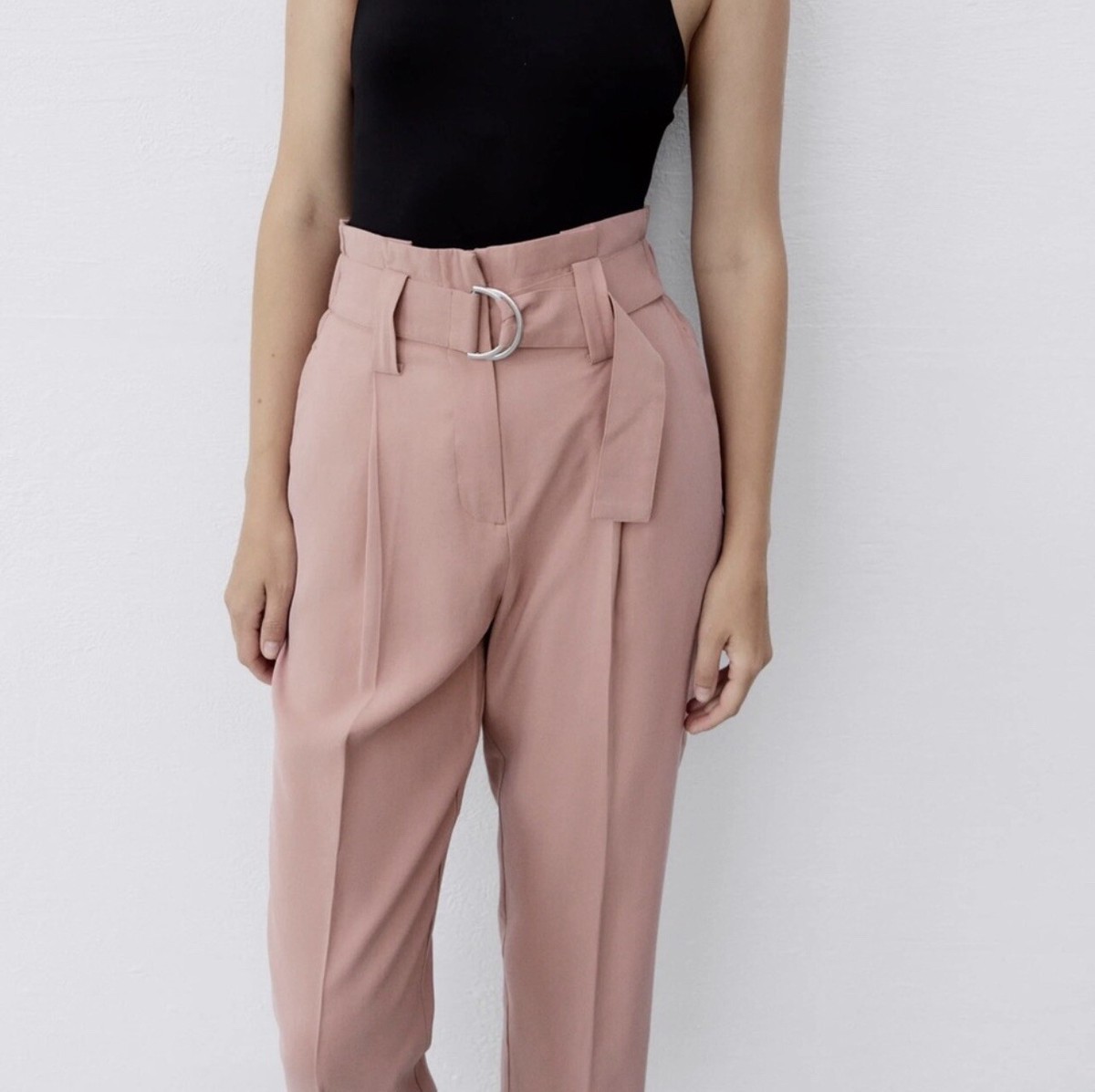 【BOK PLACE】Pink Adjustable Waist Buckle Long Wide Pants NWT Zara Spring Pink Relaxed Trousers Pants with belt buckle