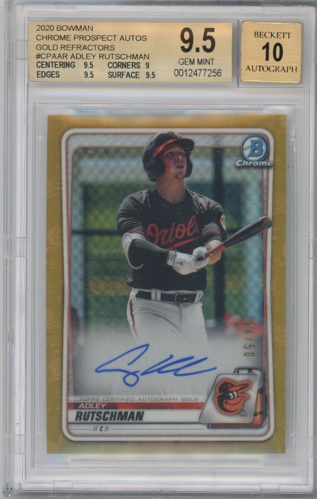 2020 Bowman Chrome Adley Rutschman Gold Refractor Prospect Auto #34/50 BGS 9.5