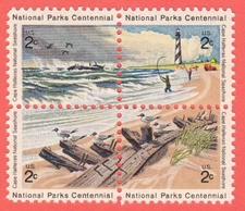 1972 CAPE HATTERAS NATIONAL SEASHORE STAMP BLOCK LIGHTHOUSE BIRD FISHING OCEAN