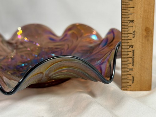 Vintage Imperial Carnival Glass 9 in Ruffled Bowl Pansy Pattern Purple Amethyst - Picture 13 of 14