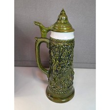 Large 17″ German Style Beer Stein Signed Sam Ceramic Relief with Lid