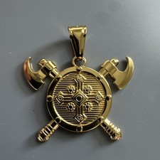 Double Axe Cross Shield Stainless Steel Pendant 24  Chain Gold Plated Viking