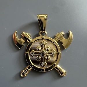Authentic Double Axe Cross Shield Pendant 24” Chain Gold Plated Viking