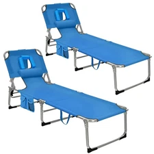Goplus 2 PCS Outdoor Beach Lounge Chair Folding Chaise Lounge with Pillow Blue