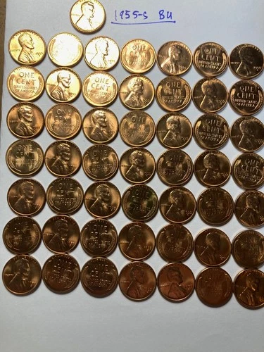 1955-S BU (red) LINCOLN WHEAT CENT PENNY ROLL, 50 VERY NICE COINS!