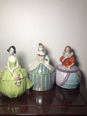 3 Art Deco Dresser Dolls Powder Dishes Navy Pert (1) Japanese Porcelain (2)