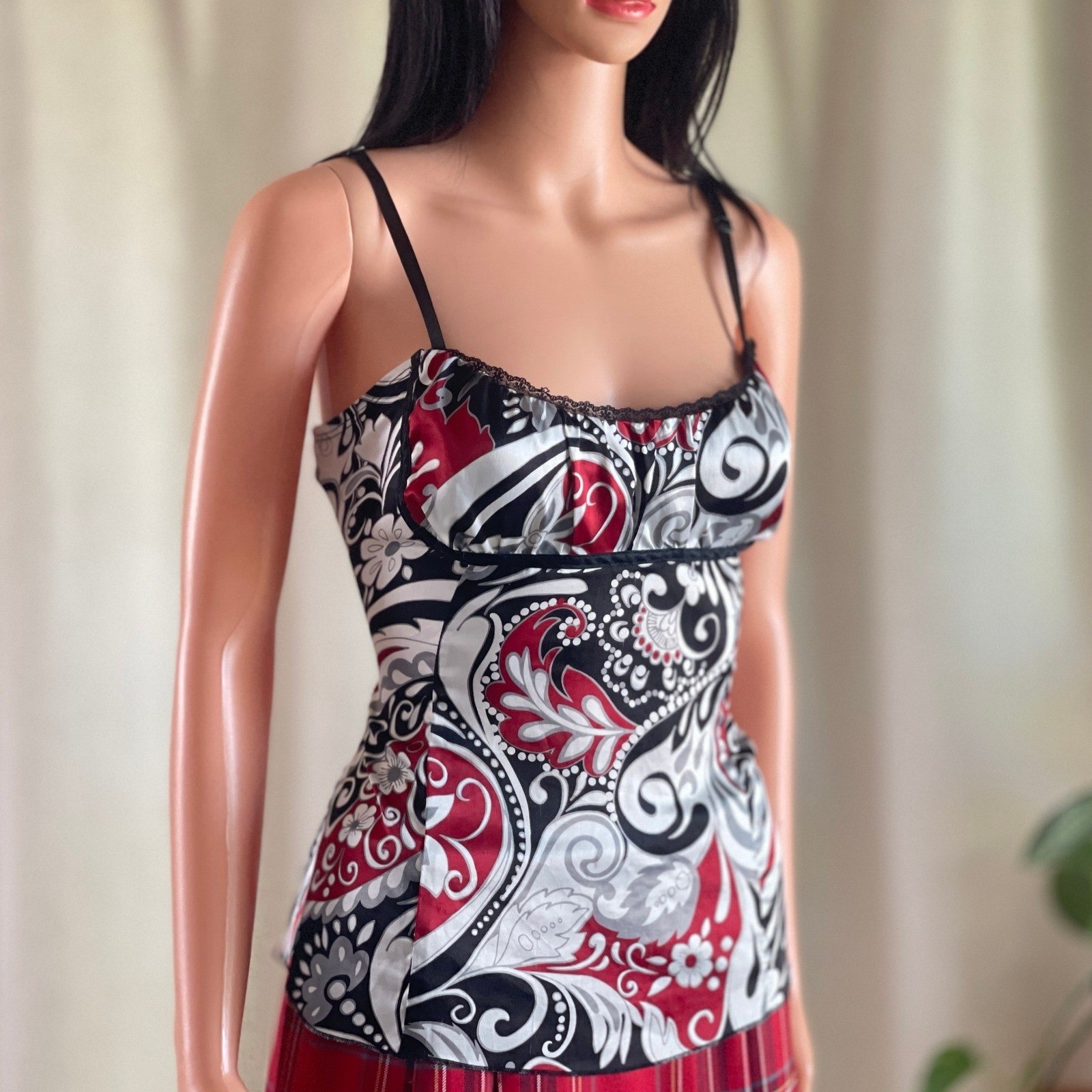 Vintage Y2K Heart Soul Red Black Paisley Lace Trim Cami Babydoll Top Size XL