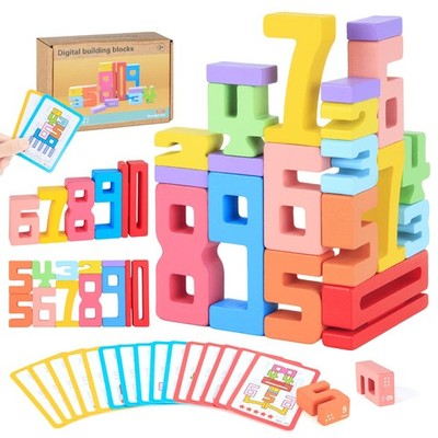 20Pcs Wooden Number Building Blocks,1-10 Montessori Small, Multiple Colors 