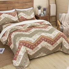 Duvet Cover Set w/ Pillow Cases Botanical Cranberry Sage Chevron Floral Bedding