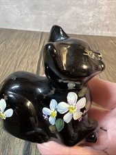 Fenton Black Glass Laying Cat Figurine Signed Cutshaw Floral Hand Painted USA