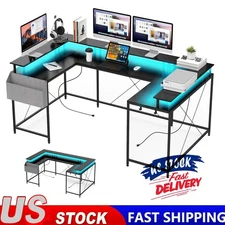 L Shaped Computer Desk with Led Lights and Power Outlet, Home Office Desk Black