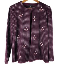 Misook M Embellished Knit Jacket Plum Pink Floral Beaded Open Front Cardigan
