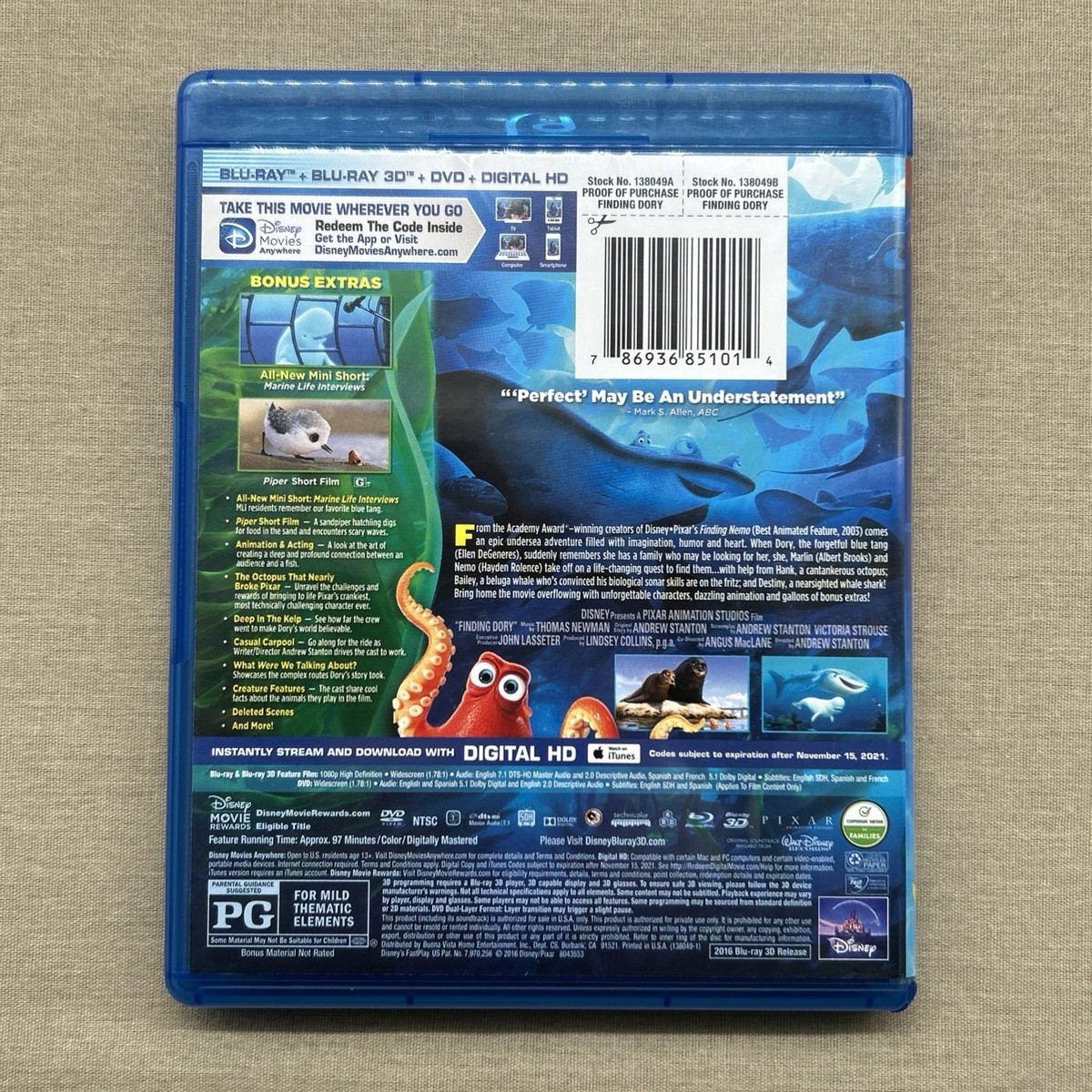 Finding Dory (3D, Blu-ray, DVD + Digital Collector) Disney Pixar