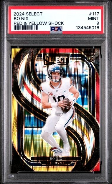 2024 Panini Select Club Level #221 Bo Nix Red & Yellow Shock Prizm PSA 9 Mint