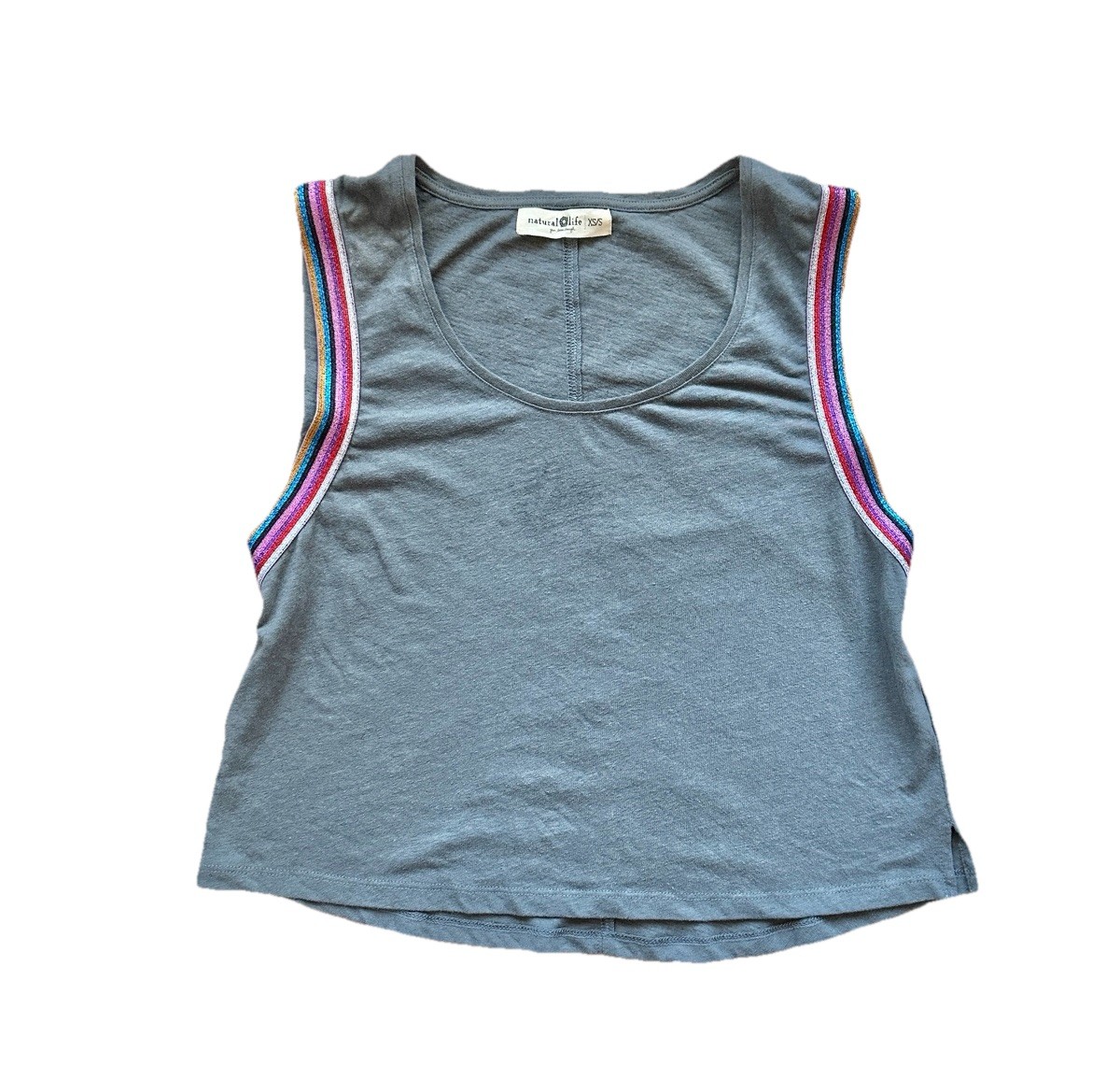 Natural Life XS/S Sleeveless Cropped Top Metallic Rainbow Trim Gray Tank Linen