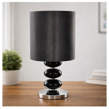 Image of BLACK SATIN DRUM SHADE MONTANA SPHERES TABLE LAMP MODERN 41.5CM LIGHT