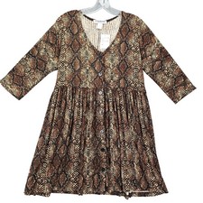 Cotton Emporium Brown Mini Dress NEW Stretch Reptile Print 3/4 Sleeves Women's S