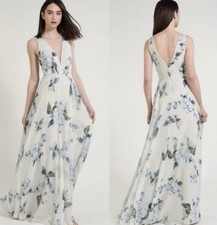 Jenny Yoo White/Blue Floral V-Neck Sleeveless Chiffon Maxi Dress Pleated 2