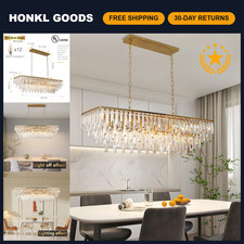 39" Modern Rectangle Crystal Chandelier - Gold Linear Pendant Light, Luxury Isla