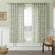 Green Floral Linen Curtains 63 Inch Length 2 Panels Patterned Semi Sheer Livi...