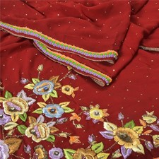 Sanskriti Vintage Red Sarees Hand Beaded Pure Georgette Silk Sari 5 Yd Fabric