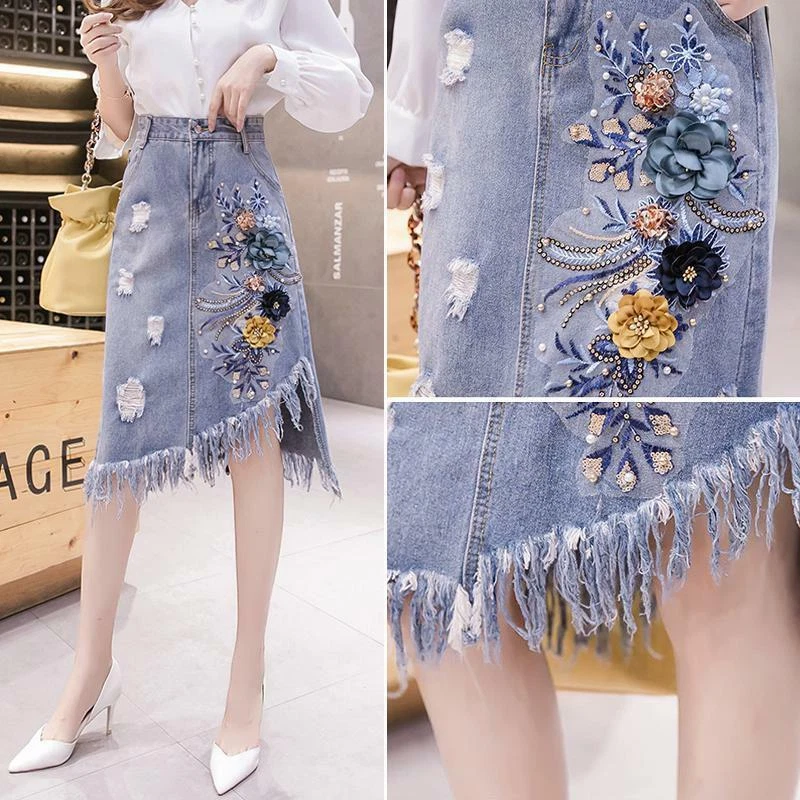 Women Ripped Denim Skirt Fringe Beaded Sequin Flower Embroidered Irregular