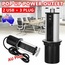 Pop Up Power Point 3 Socket Plug + 2 USB Table Home Kitchen Desk Outlet