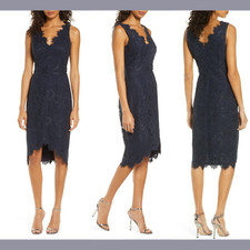 NWT $188 Eliza J [ 6 ] Tulip Hem Lace Cocktail Dress in Navy Blue #G889