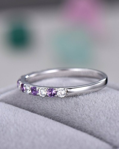 Round Cut Lab-Created Amethyst Half Eternity Band Ring 14k White Gold Plated - Picture 3 of 6