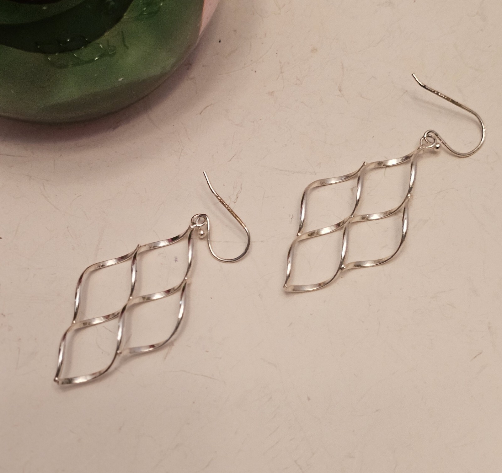Silver Diamond Shape Openwork Dangle Earrings E 2 - image 1
