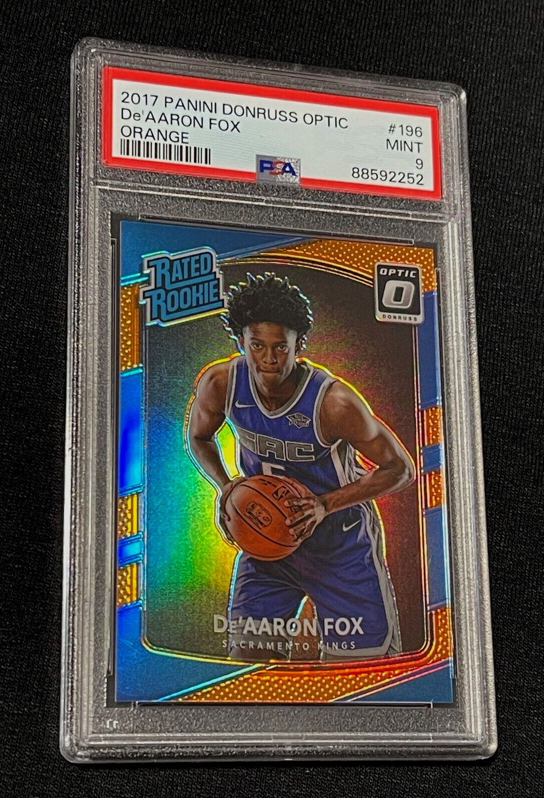 DE'AARON FOX 2017 PANINI DONRUSS OPTIC #196 ORANGE PRIZM ROOKIE RC /199 PSA 9