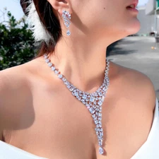 White Long Leaf Square Cluster Necklace Earrings Silver Plated CZ Jewelry Set