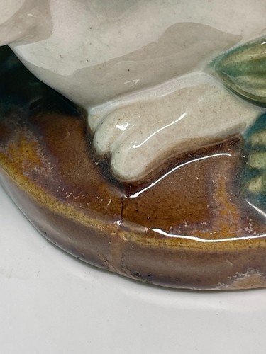 MAJOLICA Center Piece Ceramic Oval Bowl with Two Bunnies Pedestal Center Piece. - Picture 4 of 8