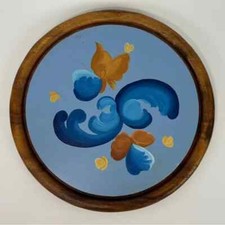 VTG Hand Painted Acacia Wood Trivet Round Decor Norwegian Scandinavian Style