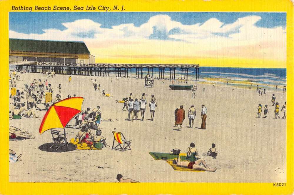 Sea Isle City New Jersey Bathing Beach Scene Linen Antique Postcard