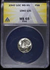 1940 10c Silver Mercury Dime ANACS MS 65 FSB | Uncirculated BU Full Split Bands