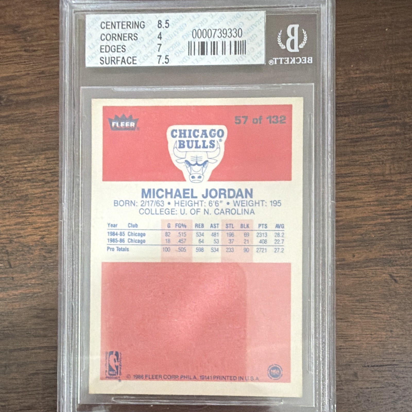 1986-87 Fleer Michael Jordan #57 Rookie Chicago Bulls Basketball Card BGS 4.5 view 2