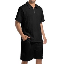 Mens 2 Piece Short Sets Summer 2025 - Zip Polo Elastic Waist Shorts, Breath...