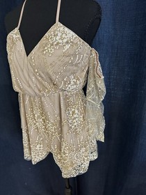 Fairy Core Gold Sparkle Ruffled Long Flared Sleeve Super Short Romper Sz  6
