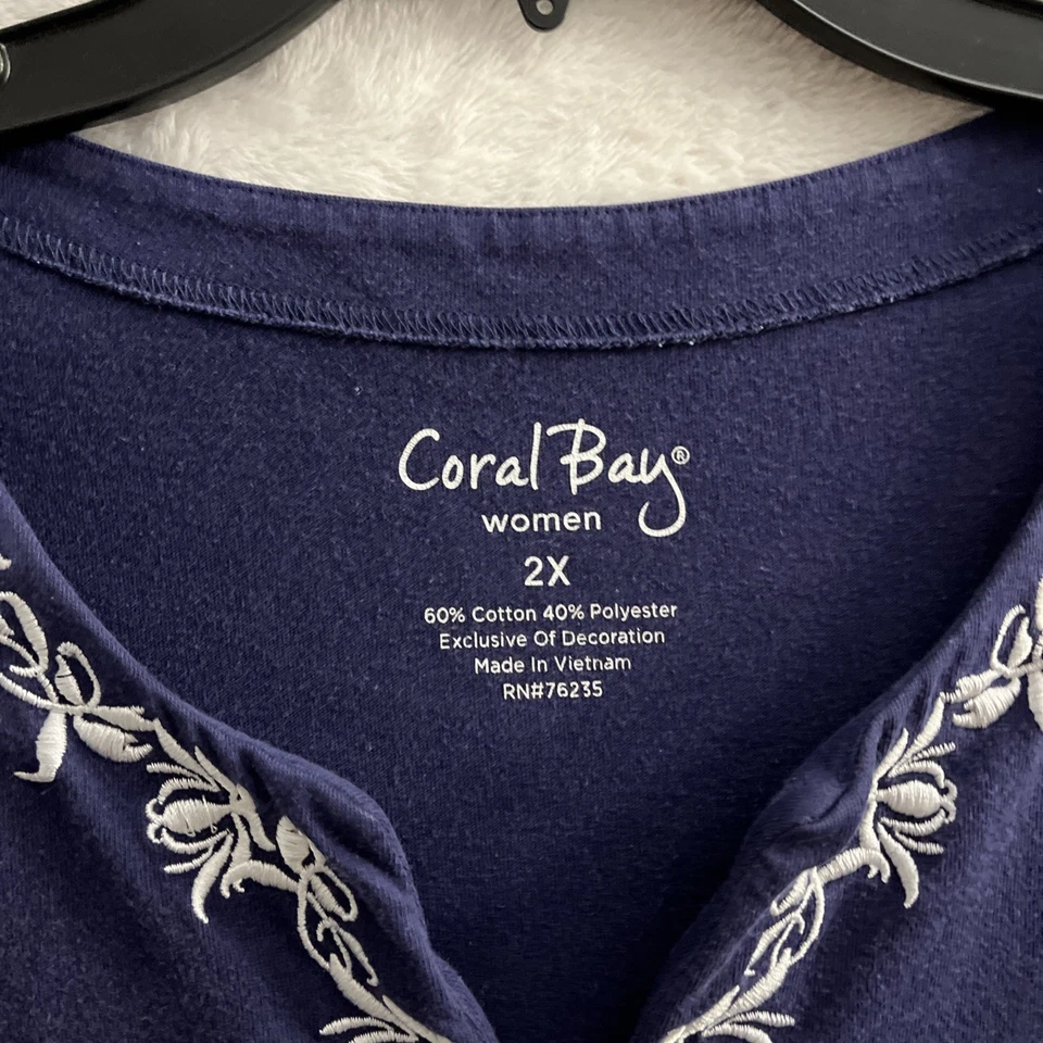Coral Bay Womans Blouse Top Blue Embroidered Plus 2X Cotton Blend 3/4 Sleeve V - Image 2 of 4