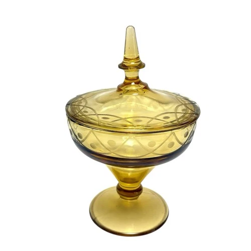 Vintage Amber Etched Depression Glass Candy Dish Art Deco Pattern READ