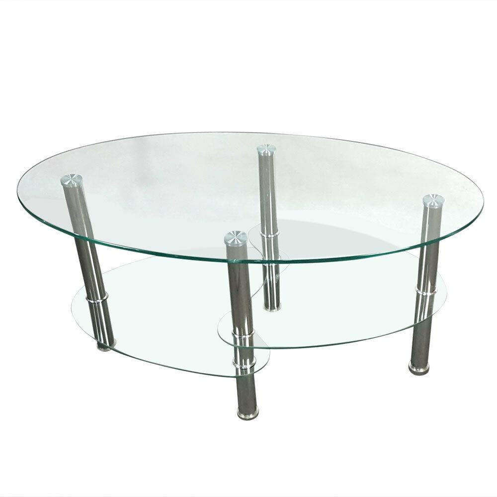 3-Tier Tempered Glass Shelf Oval Side Coffee Table End Table Living Room NEW