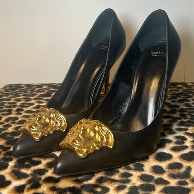 Versace La Medusa Leather Pumps - Black Napa Leather with Gold Medusa & 