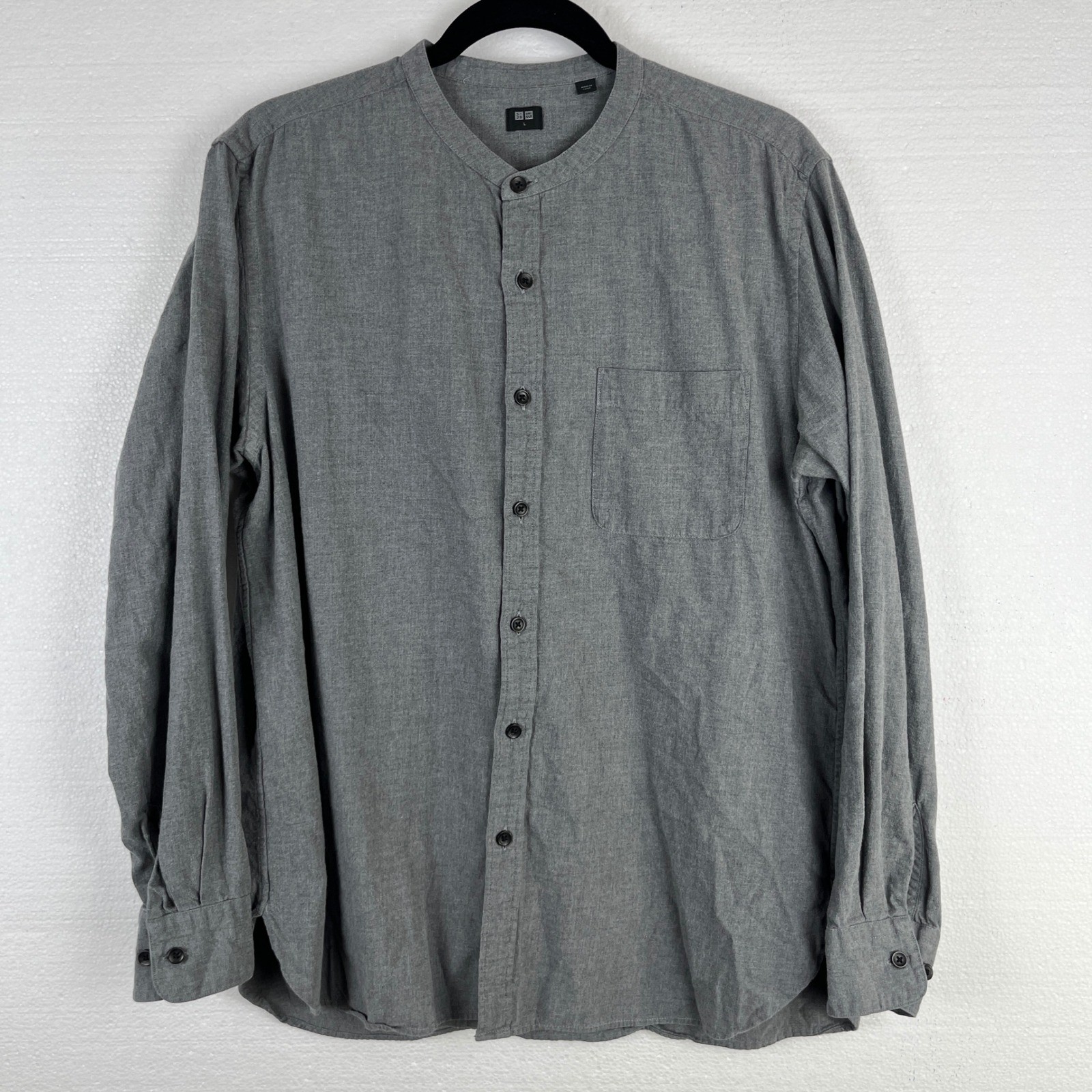 Uniqlo Band Collar Shirt Long Sleeve Button Up Mens Gray Size L Casual thumbnail 2