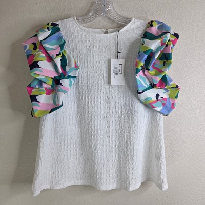 THML Jolie Top Medium White Textured Puff Sleeve New