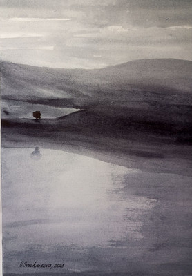 original watercolor painting landscape monochrome tree reflection artgiftdekorA4
