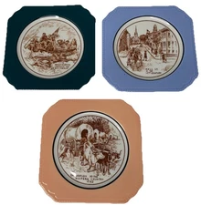 Set of 3 Vintage Syracuse China  O.P. Co. Square Historical Scene Plates 4-7/8”