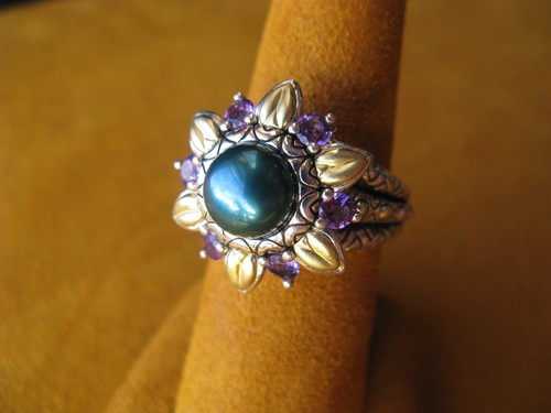 BARBARA BIXBY AMETHYST PEARL GEMSTONE FLOWER RING SIZE 8 SS 18K DESIGNER Gift