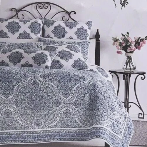 Edredón reversible de algodón Artelier Nicole Miller blanco azul cachemir Queen + fundas Foto 2 de 4