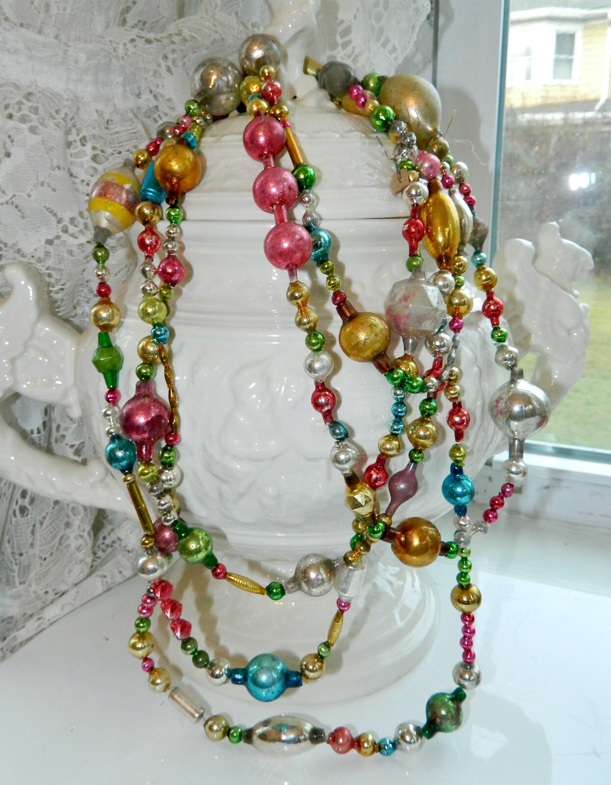 LONG 11 + Feet Antique Vintage Mercury Glass Bead Christmas Garland Big